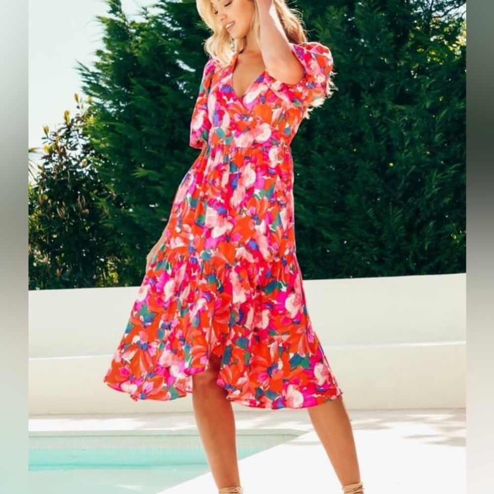 Anthropologie Floral Midi Dress - Red and Pink